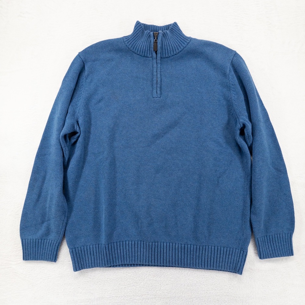 L.L.Bean Mens Quarter Zip Sweater XL Blue Cotton Ribbed Mock Neck Pullover